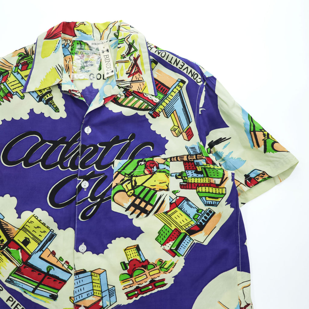 BINDU Atlantic City Map Print Rayon Hawaiian Open Collar Shirt Size L
