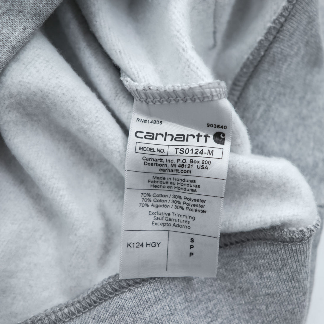 Carhartt TS0124-M K124 Crewneck Sweatshirt Grey Heather Brushed Fleece 70%Cotton 30%Poly V-stitch Logo Patch Loose Fit S
