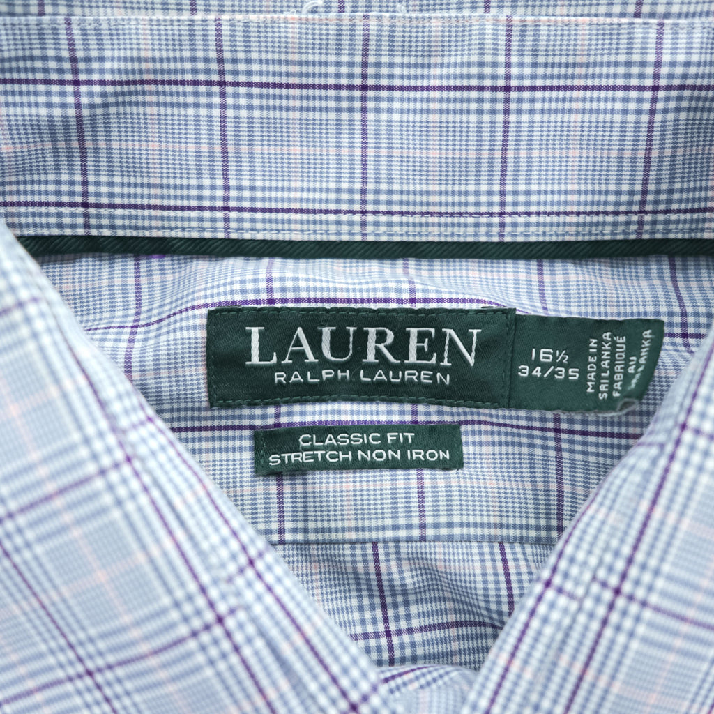 Lauren Ralph Lauren Classic Fit Light Blue Check Dress Shirt with Purple Grid 16½ 34/35 Cotton Blend Stretch Non-Iron