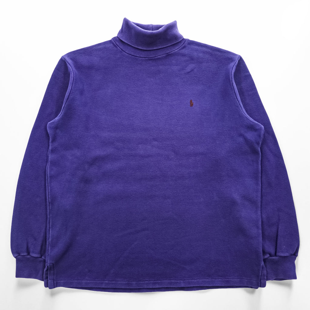 Polo Ralph Lauren 90s Vintage USA-Made Sweatshirt, Size L, Navy, Small Pony Logo Embroidery, Turtleneck, Loopwheeled