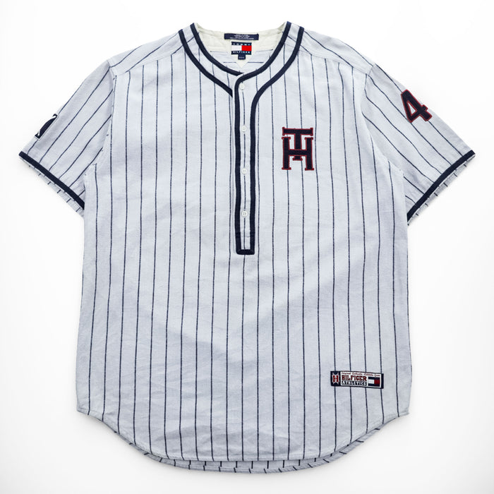 TOMMY HILFIGER 90年代 ヴィンテージ 半袖 ベースボールシャツ M グレー ストライプ 刺繍