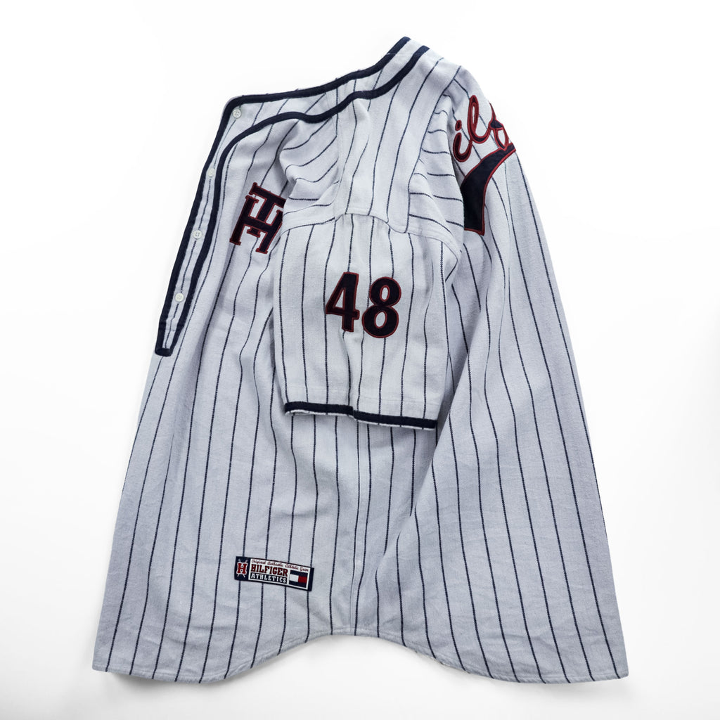 TOMMY HILFIGER 90年代 ヴィンテージ 半袖 ベースボールシャツ M グレー ストライプ 刺繍