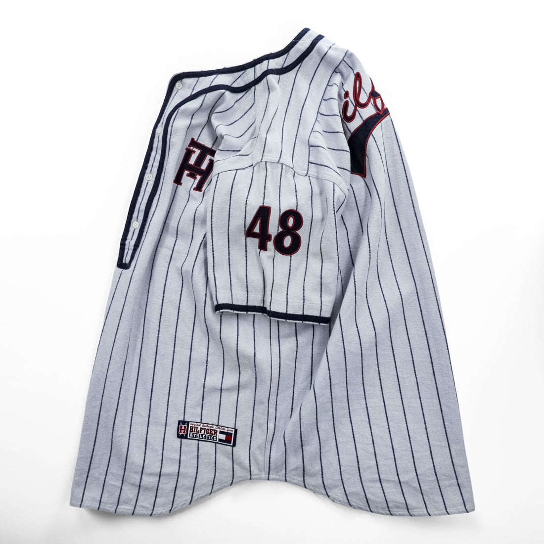 TOMMY HILFIGER 90年代 ヴィンテージ 半袖 ベースボールシャツ M グレー ストライプ 刺繍