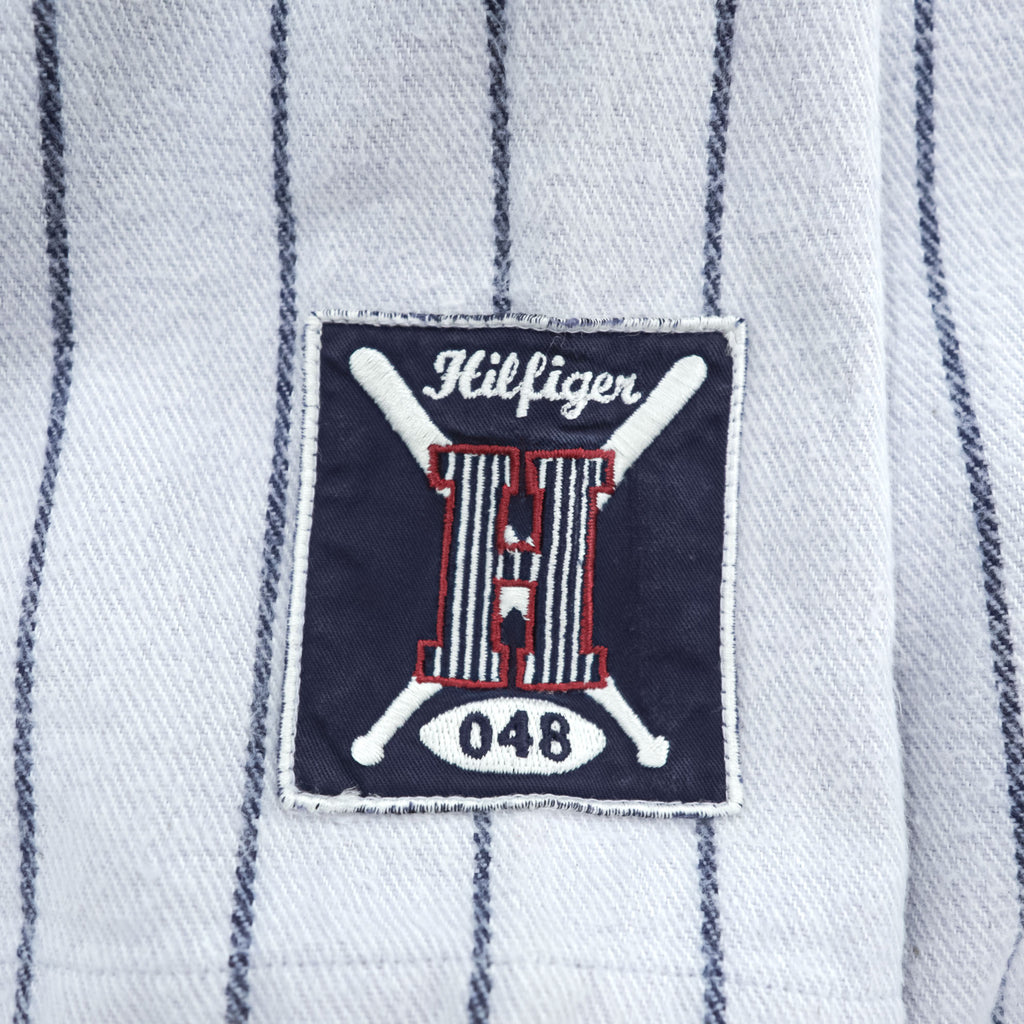 TOMMY HILFIGER 90年代 ヴィンテージ 半袖 ベースボールシャツ M グレー ストライプ 刺繍