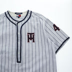 TOMMY HILFIGER 90年代 ヴィンテージ 半袖 ベースボールシャツ M グレー ストライプ 刺繍