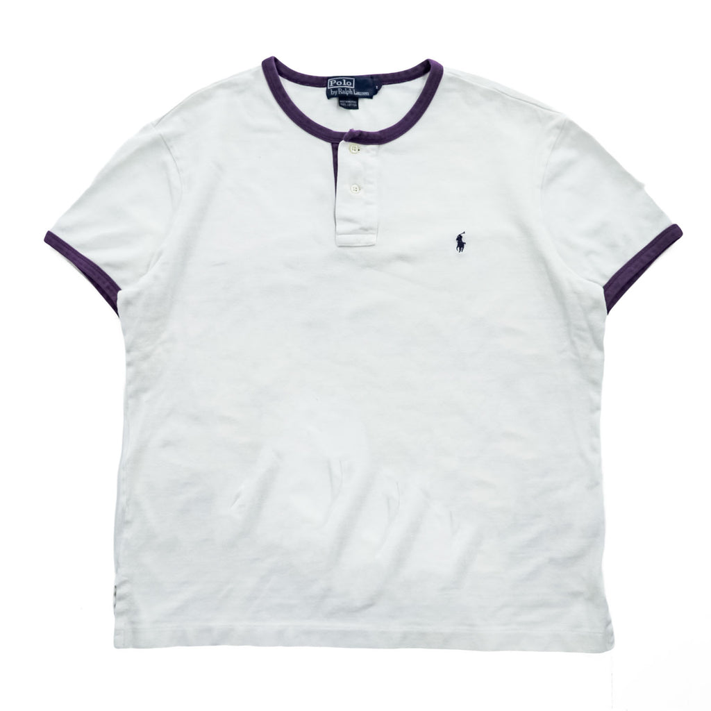 Polo Ralph Lauren 90年代 ヘンリーネック リンガー Tシャツ L ホワイト スモールポニー ロゴ 刺繍 鹿の子