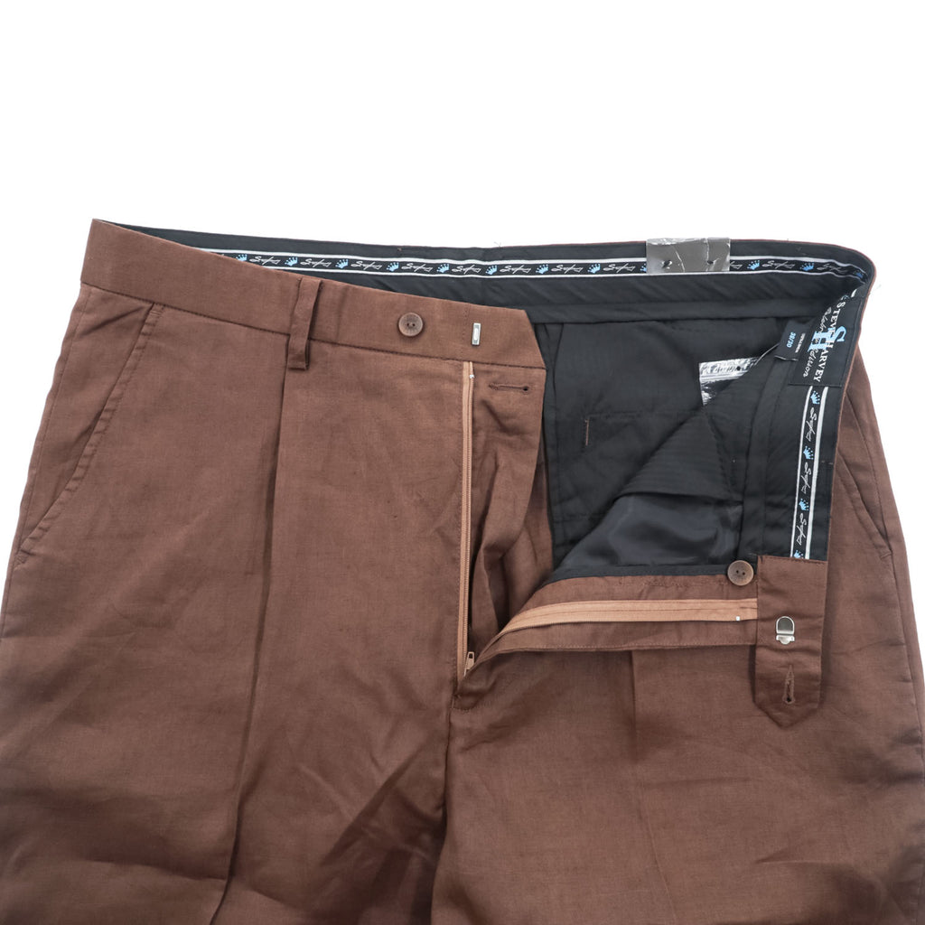 STEVE HARVEY リネン100% ワイド タック スラックス パンツ XL ブラウン プリーツ ダブルカフス Celebrity Edition 未使用品