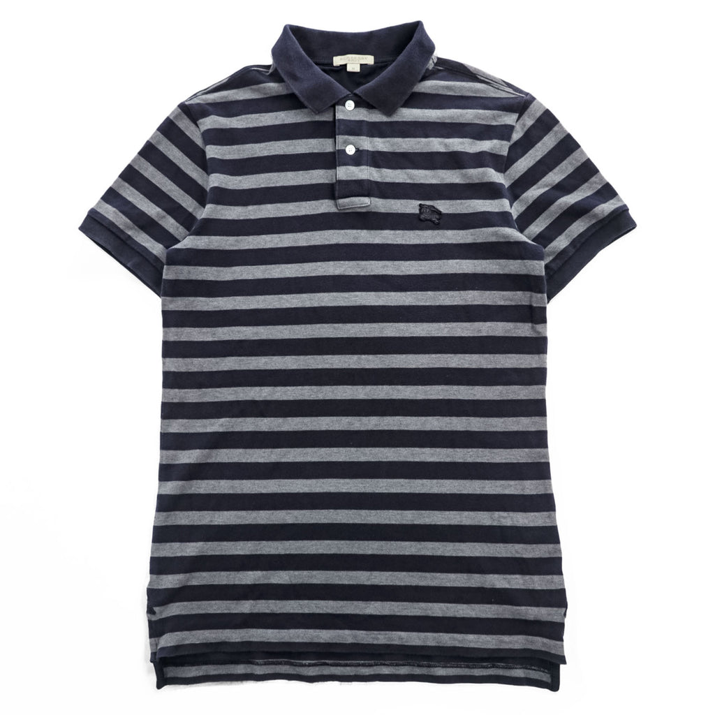 BURBERRY BRIT Embroidered Equestrian Knight Logo Striped Short Sleeve Polo Shirt Navy Gray Size M