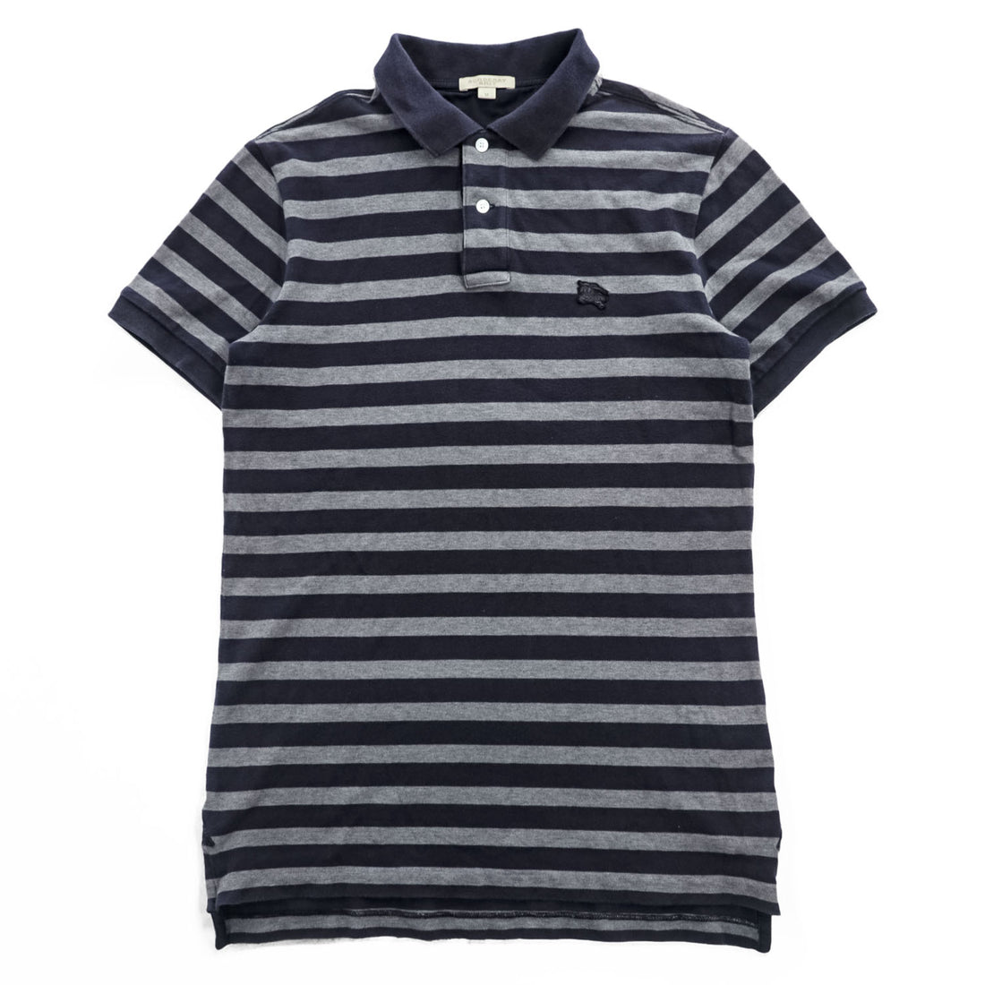 BURBERRY BRIT Embroidered Equestrian Knight Logo Striped Short Sleeve Polo Shirt Navy Gray Size M