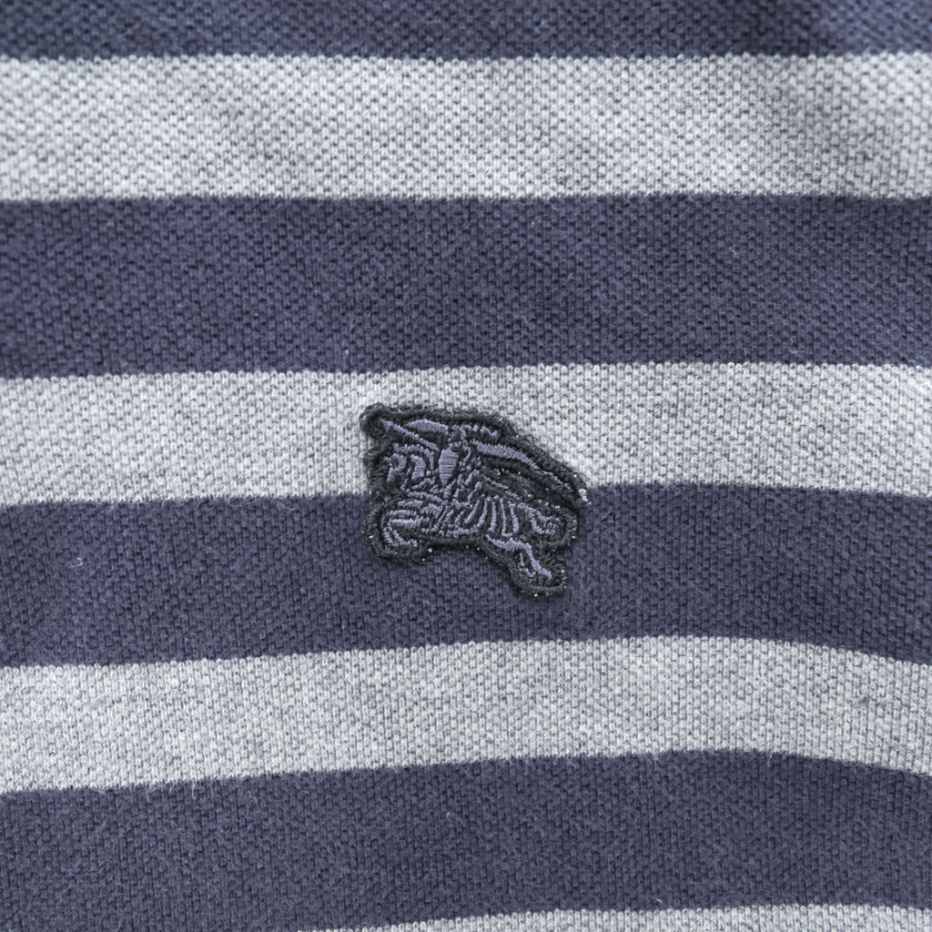 BURBERRY BRIT Embroidered Equestrian Knight Logo Striped Short Sleeve Polo Shirt Navy Gray Size M