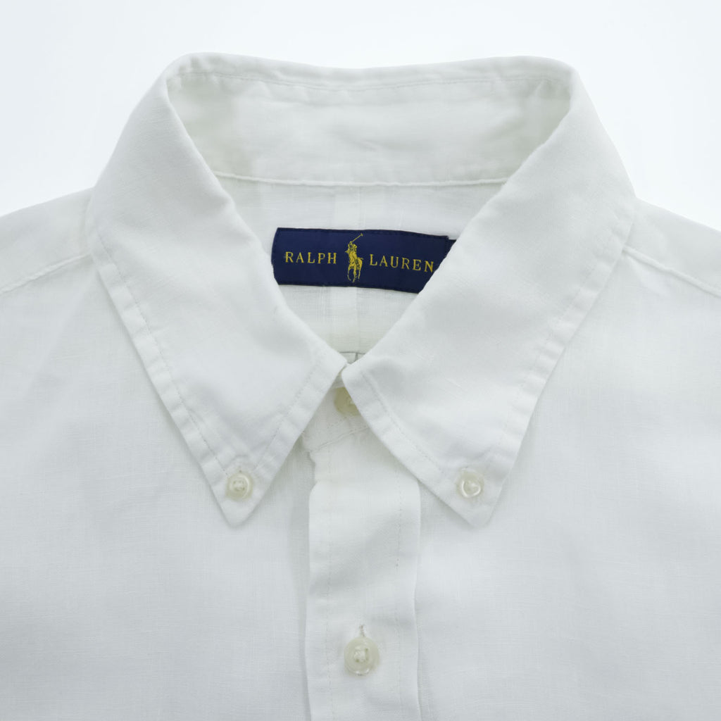 Ralph Lauren 長袖 リネン ボタンダウンシャツ L ホワイト 麻 スモールポニー ロゴ 刺繍