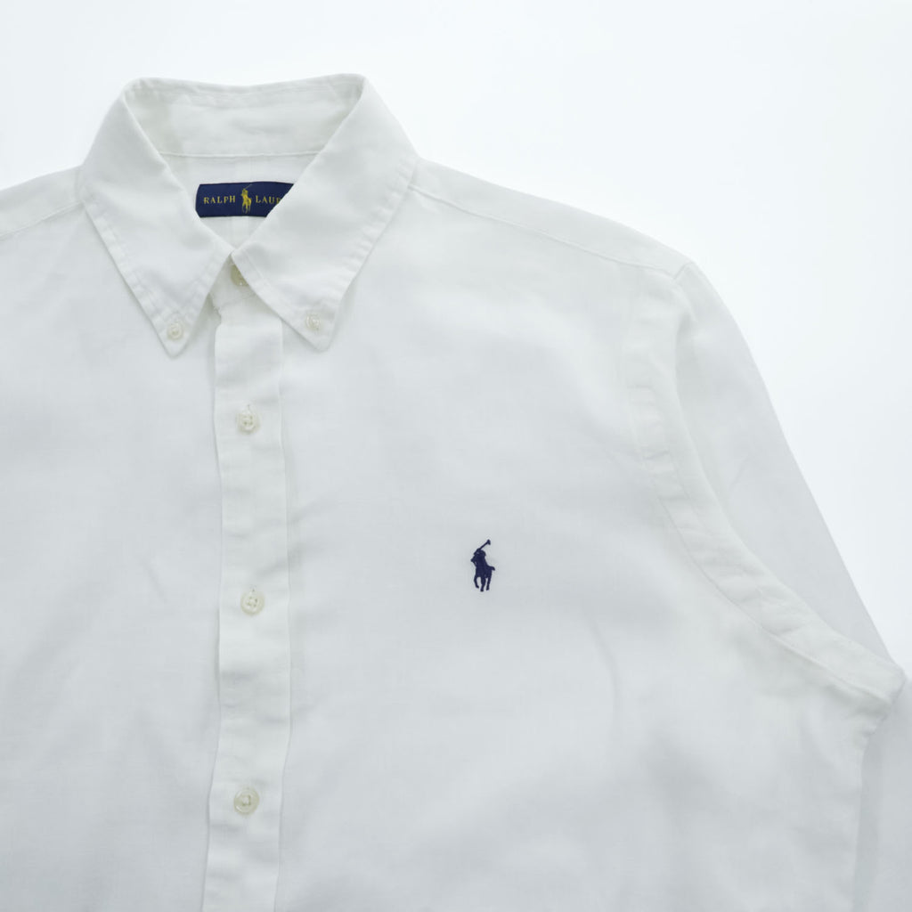 Ralph Lauren 長袖 リネン ボタンダウンシャツ L ホワイト 麻 スモールポニー ロゴ 刺繍
