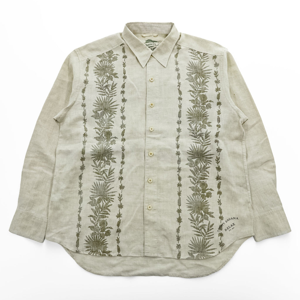 Tommy Bahama リネン100% 長袖シャツ XL ベージュ 麻 ボタニカル柄 RELAX