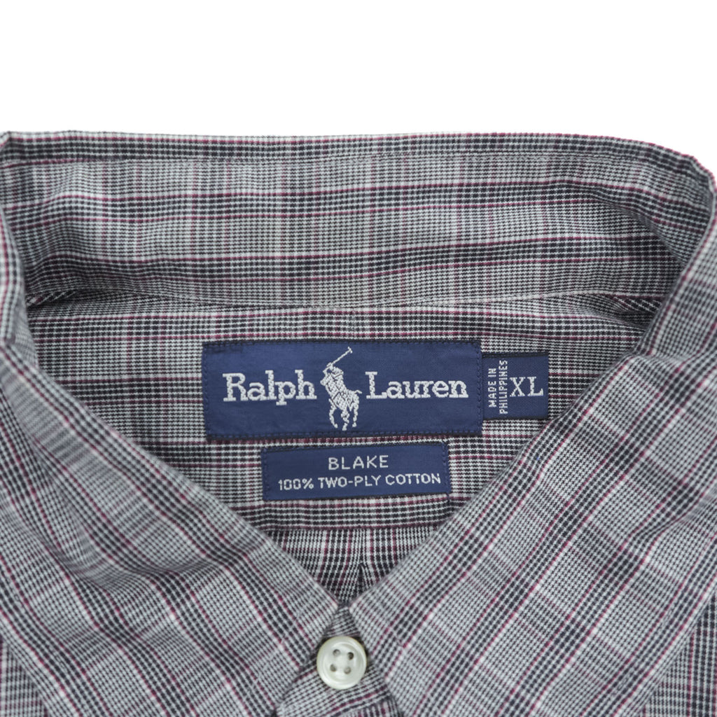 Ralph Lauren 90年代 ヴィンテージ BLAKE 長袖 チェックシャツ XL グレー 刺繍 ポニー ロゴ TWO-PLY COTTON ボタンダウン