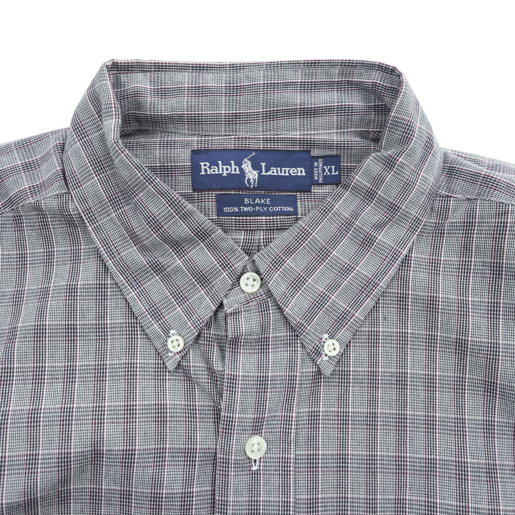 Ralph Lauren 90年代 ヴィンテージ BLAKE 長袖 チェックシャツ XL グレー 刺繍 ポニー ロゴ TWO-PLY COTTON ボタンダウン