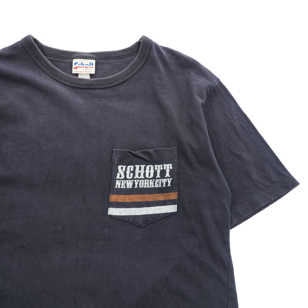 Schott N.Y.C. バック刺繍 ポケットTシャツ ブラック コットン100%