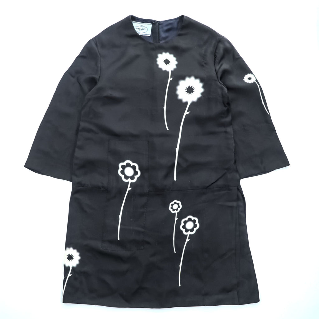 PRADA イタリア製 フラワープリント 長袖 ワンピース M ブラック ホワイト APD1 2013 138