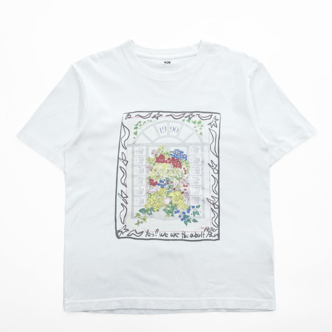 KHOKI 日本製 フラワーカレンダー グラフィック Tシャツ M ホワイト プリント Marché de Clignancourt 23aw-t-01-b-white