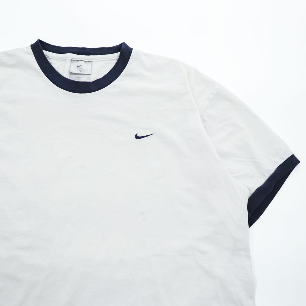 NIKE 90年代 USA製 ヴィンテージ リンガーTシャツ XL ホワイト ネイビー 刺繍 スウォッシュ