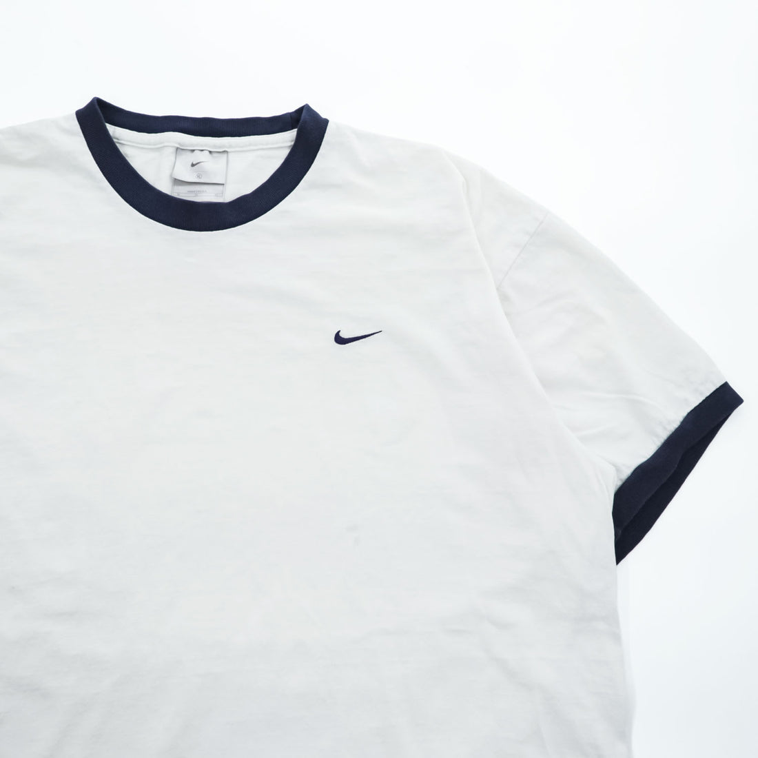 NIKE 90年代 USA製 ヴィンテージ リンガーTシャツ XL ホワイト ネイビー 刺繍 スウォッシュ