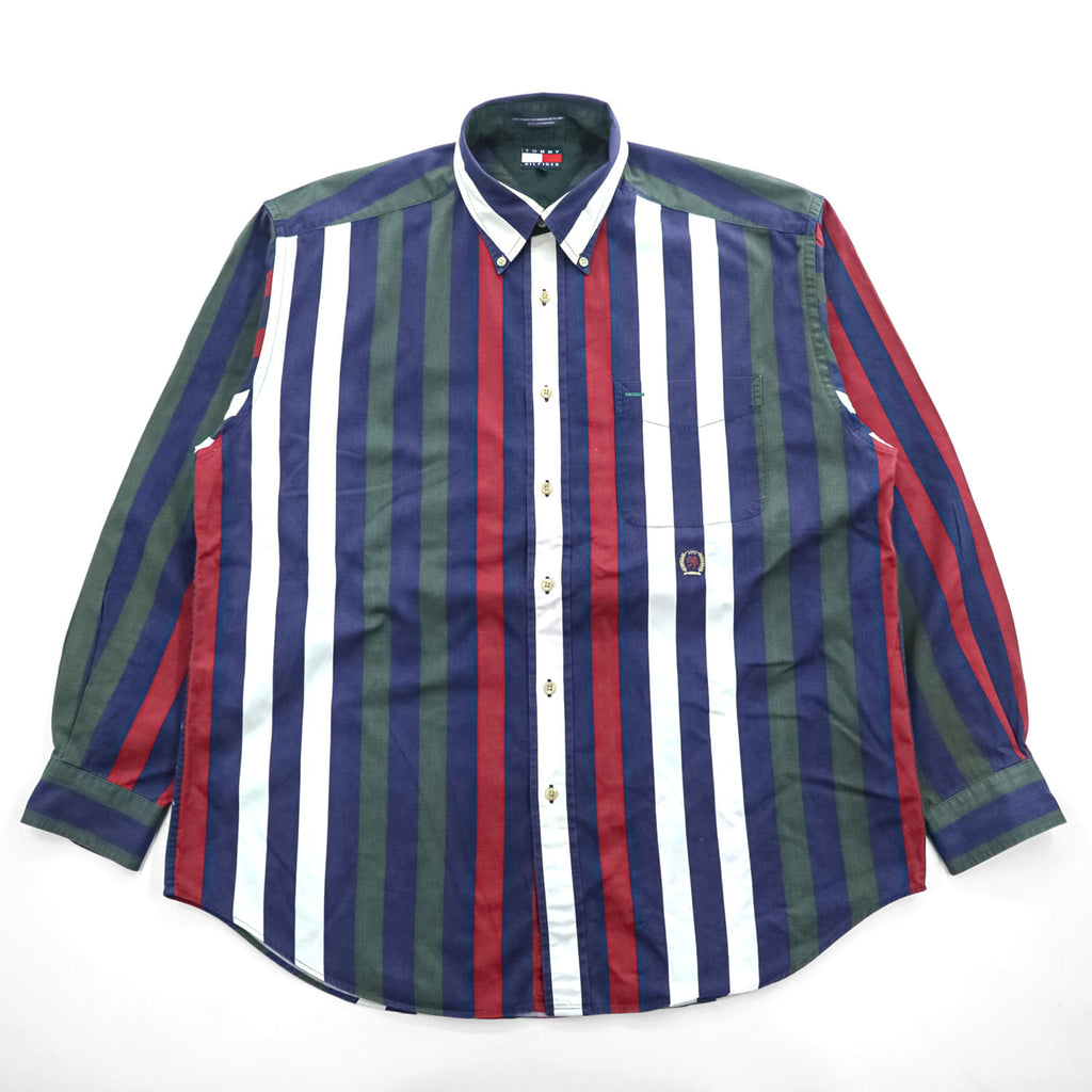TOMMY HILFIGER 90年代 ヴィンテージ 長袖 ストライプシャツ L グリーン ネイビー ボタンダウン