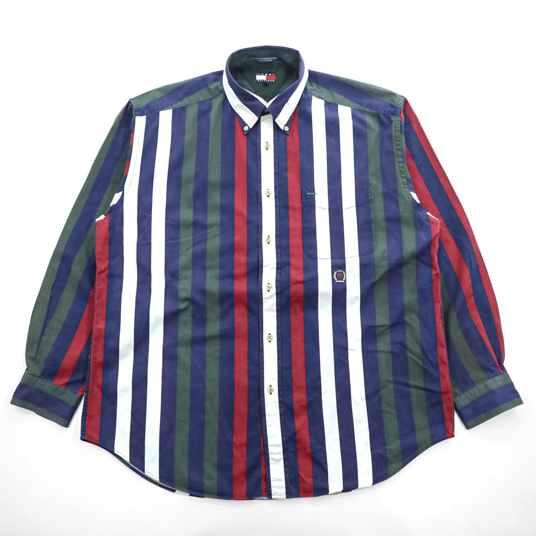TOMMY HILFIGER 90年代 ヴィンテージ 長袖 ストライプシャツ L グリーン ネイビー ボタンダウン