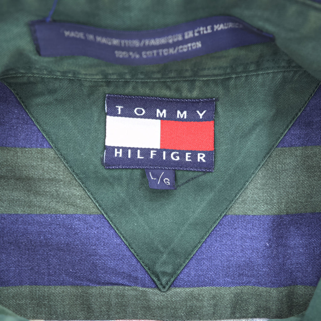 TOMMY HILFIGER 90年代 ヴィンテージ 長袖 ストライプシャツ L グリーン ネイビー ボタンダウン