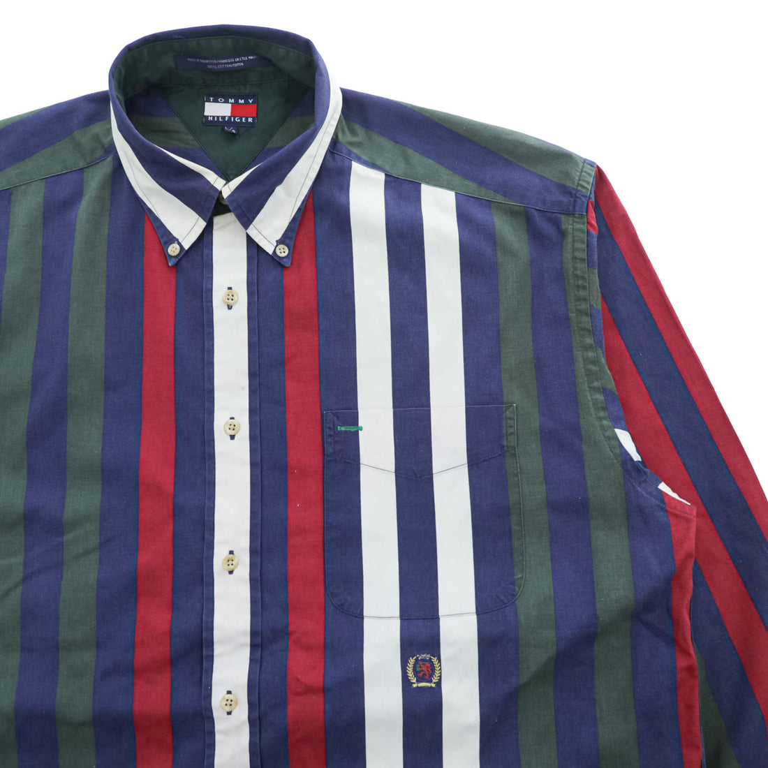 TOMMY HILFIGER 90年代 ヴィンテージ 長袖 ストライプシャツ L グリーン ネイビー ボタンダウン