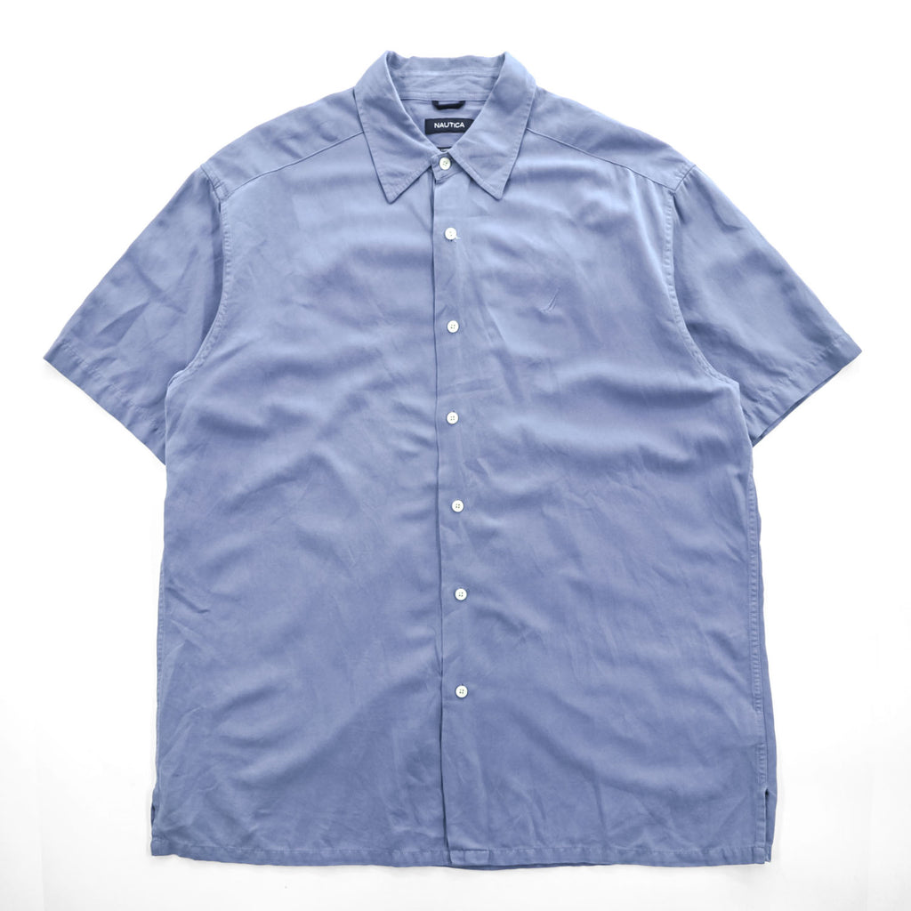 NAUTICA シルクコットン 半袖シャツ XL ブルー ワンポイント EASY CARE SILK BLEND