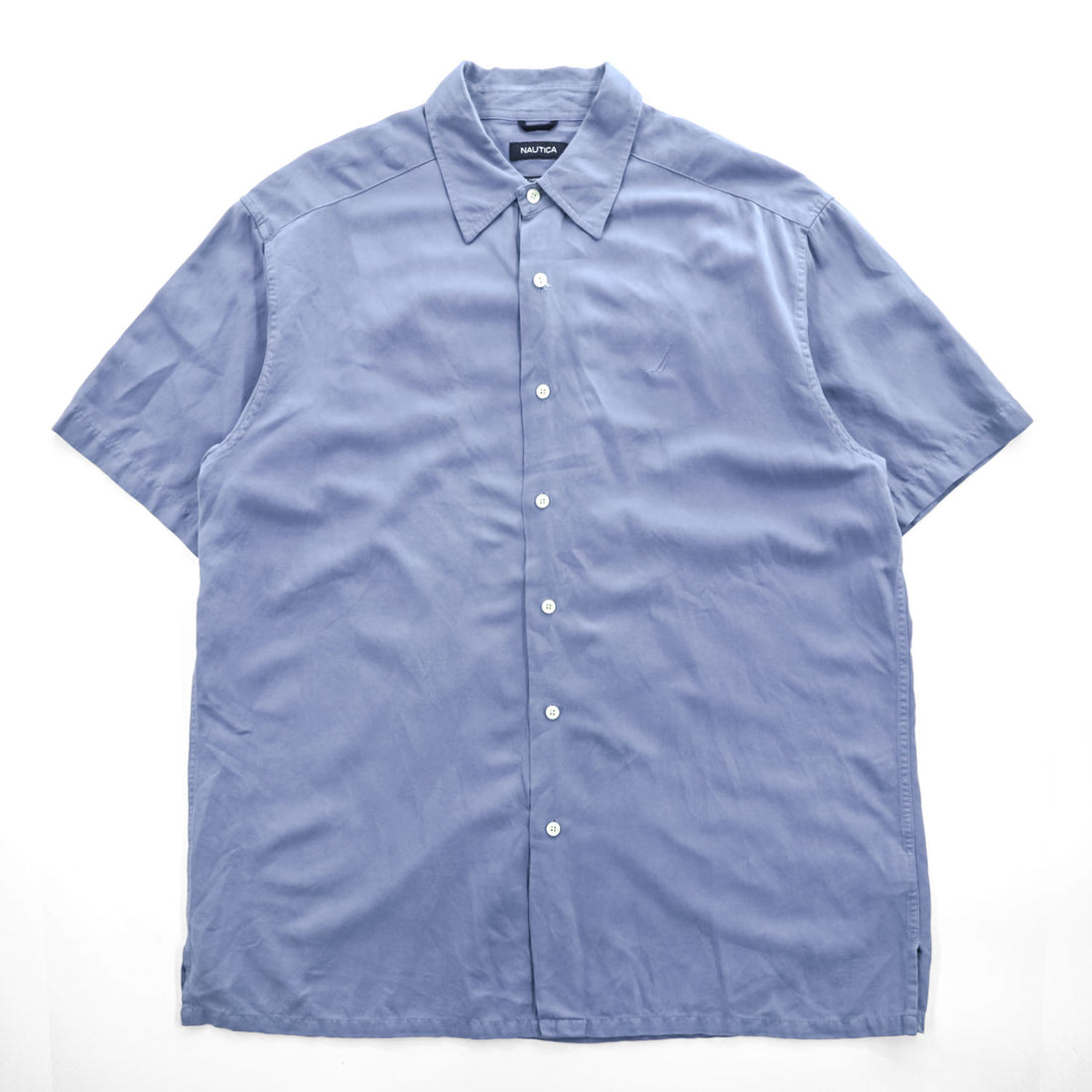 NAUTICA シルクコットン 半袖シャツ XL ブルー ワンポイント EASY CARE SILK BLEND