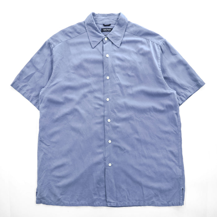 NAUTICA シルクコットン 半袖シャツ XL ブルー ワンポイント EASY CARE SILK BLEND