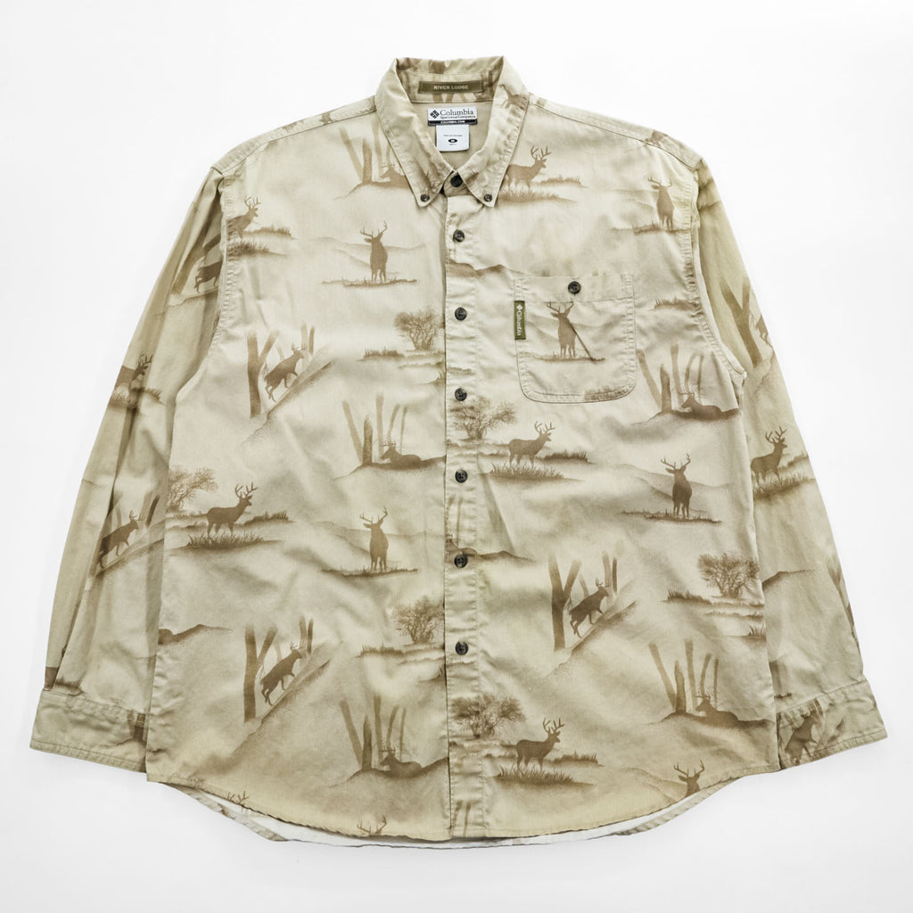 Columbia River Lodge Deer Print Button-Down Long Sleeve Shirt Men's M Beige