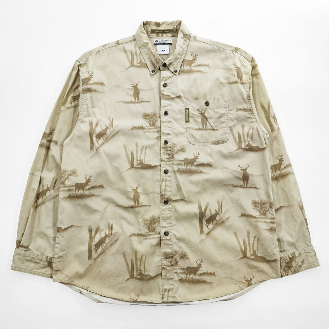 Columbia River Lodge Deer Print Button-Down Long Sleeve Shirt Men's M Beige