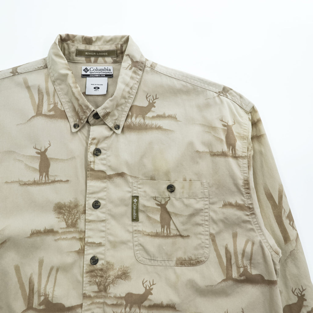 Columbia River Lodge Deer Print Button-Down Long Sleeve Shirt Men's M Beige