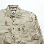 Columbia River Lodge Deer Print Button-Down Long Sleeve Shirt Men's M Beige