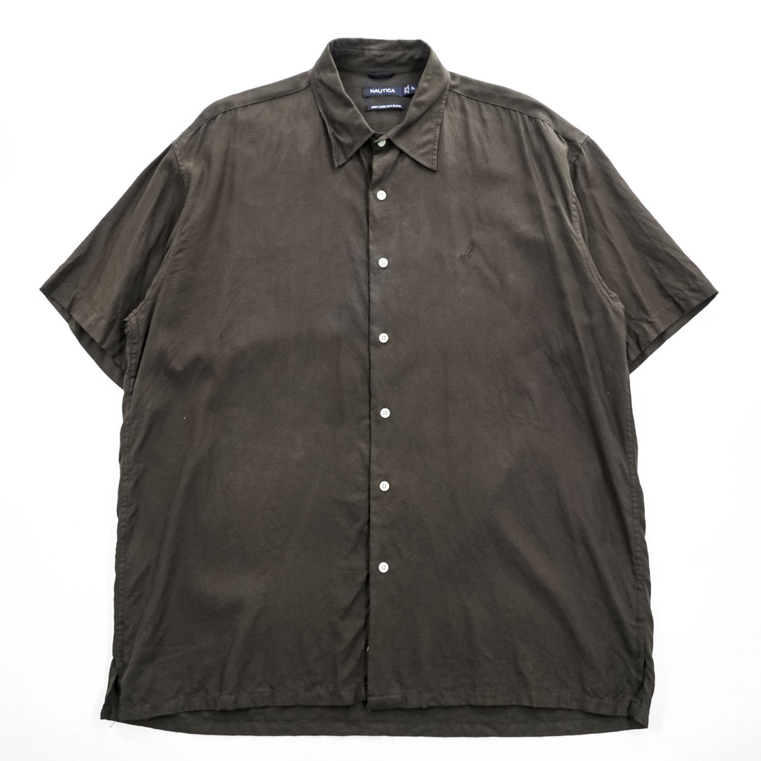 NAUTICA Silk Cotton Short Sleeve Shirt XL Dark Brown Embroidered Logo