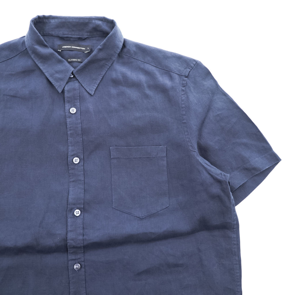 FRENCH CONNECTION Men's Navy 100% Linen Short Sleeve Shirt Size L Classic Fit