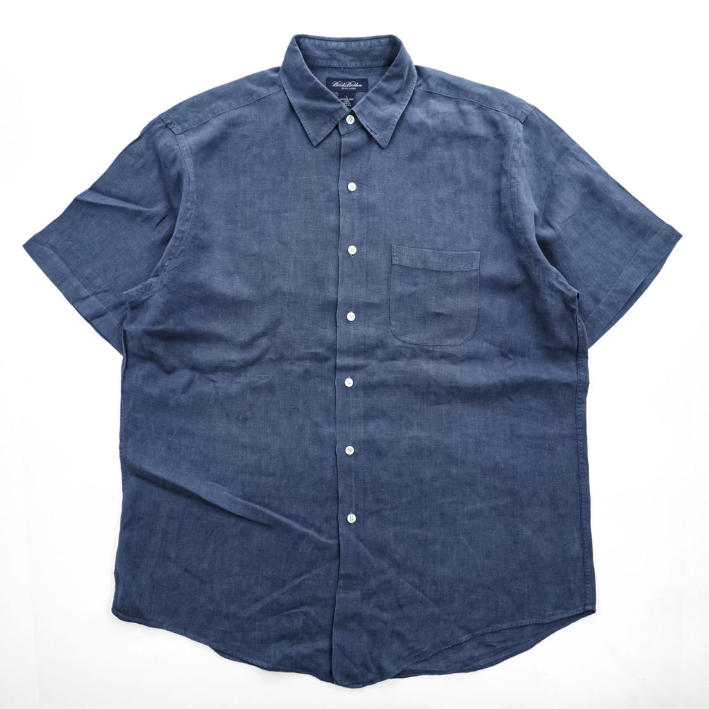 Brooks Brothers リネン100% 半袖シャツ L ネイビー 胸ポケット 麻 IRISH LINEN
