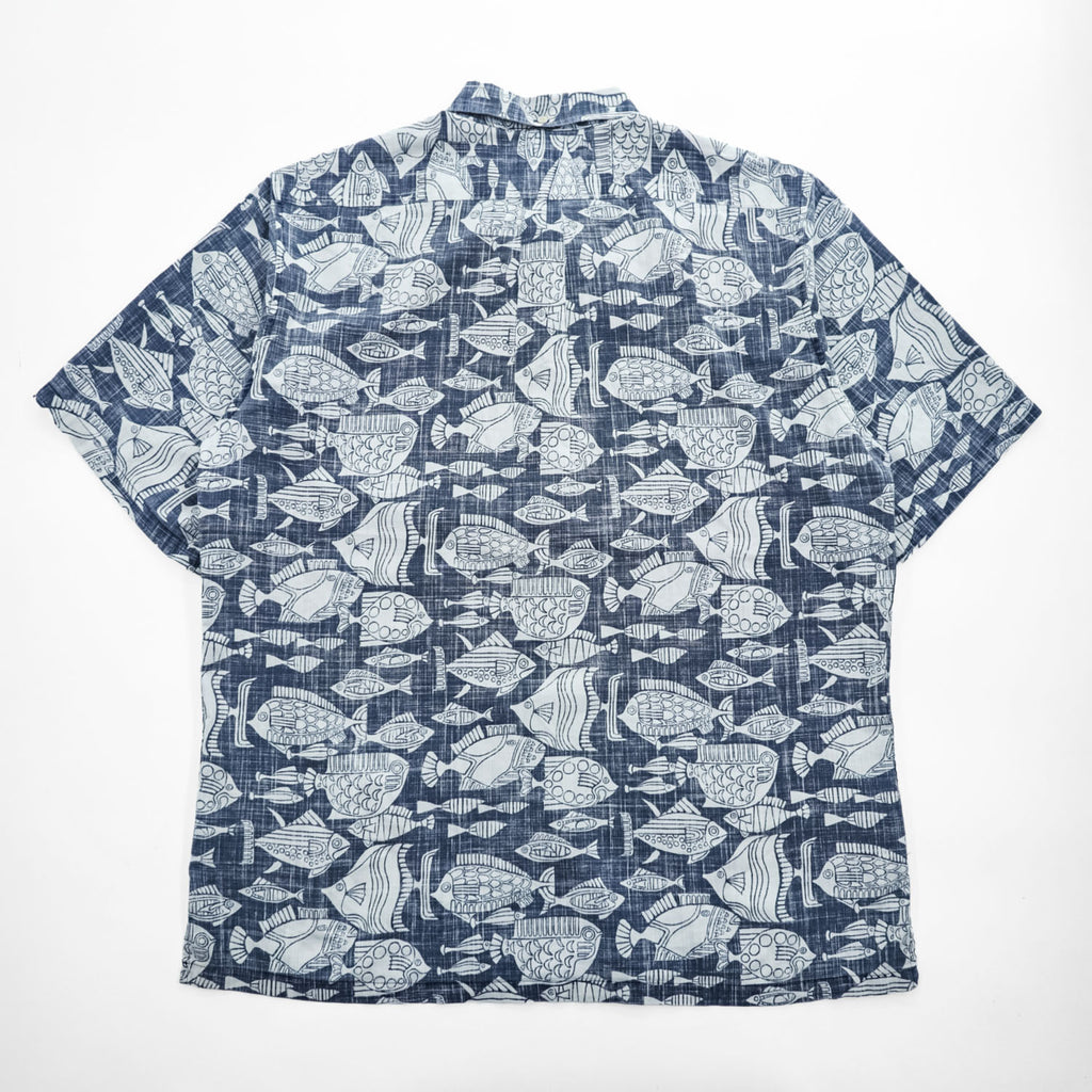 reyn spooner 90年代 ヴィンテージ アロハシャツ 半袖シャツ XL インディゴ ブルー 総柄 CLASSIC ビキニタグ ボタンダウン 魚