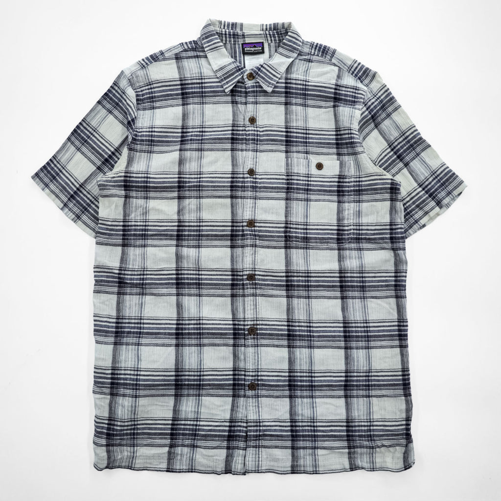 Patagonia オーガニックコットン 半袖チェックシャツ L ホワイト ネイビー 胸ポケット 52921