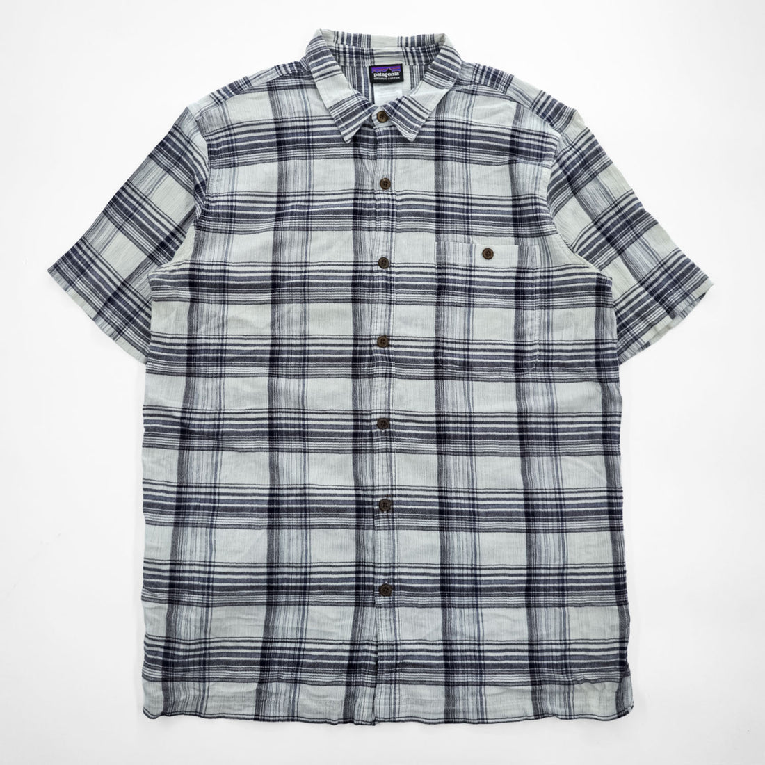 Patagonia オーガニックコットン 半袖チェックシャツ L ホワイト ネイビー 胸ポケット 52921