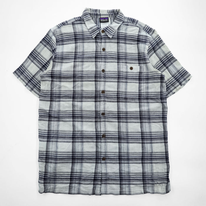 Patagonia オーガニックコットン 半袖チェックシャツ L ホワイト ネイビー 胸ポケット 52921