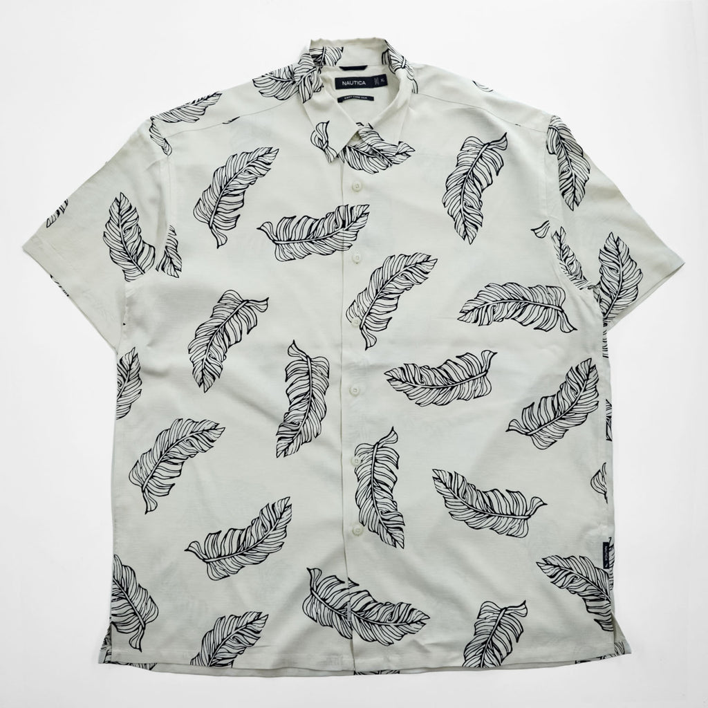NAUTICA 100% Silk Leaf Print Short Sleeve Shirt XL Ivory Black