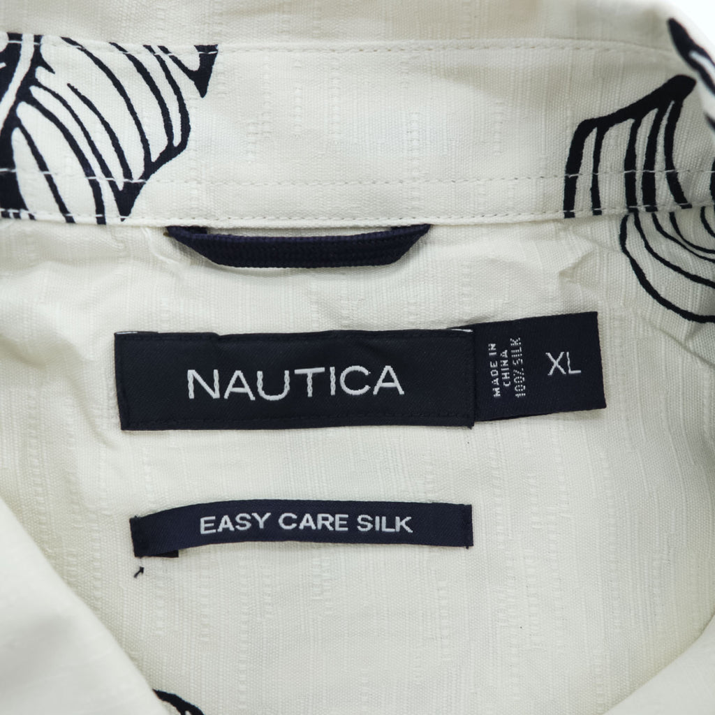 NAUTICA 100% Silk Leaf Print Short Sleeve Shirt XL Ivory Black
