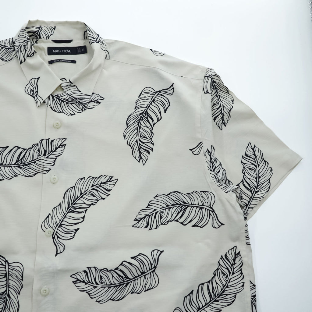 NAUTICA 100% Silk Leaf Print Short Sleeve Shirt XL Ivory Black