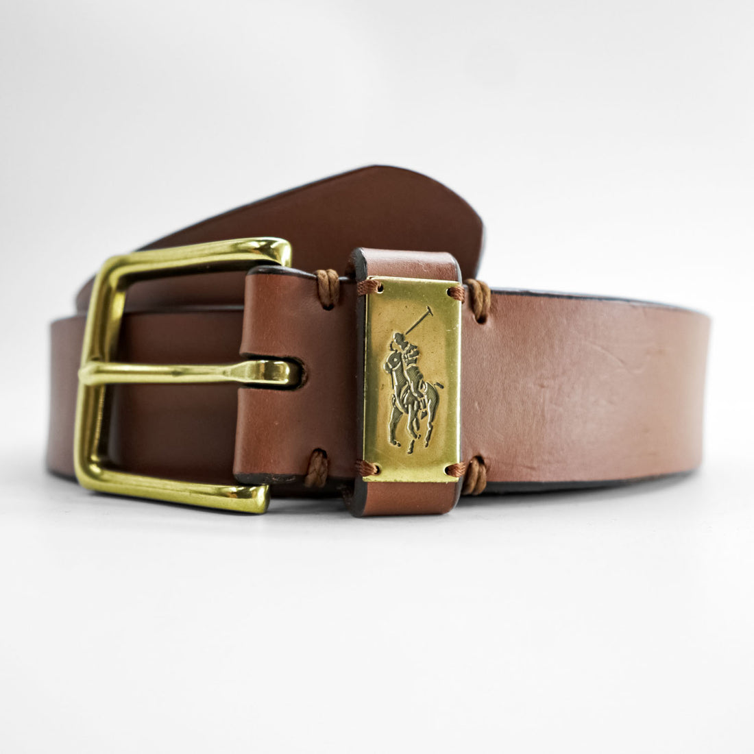 POLO RALPH LAUREN Pony Logo Plaque Brown Leather Belt Size 32/80 Made in Guatemala