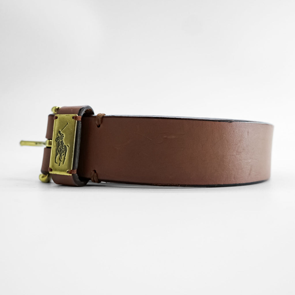 POLO RALPH LAUREN Pony Logo Plaque Brown Leather Belt Size 32/80 Made in Guatemala