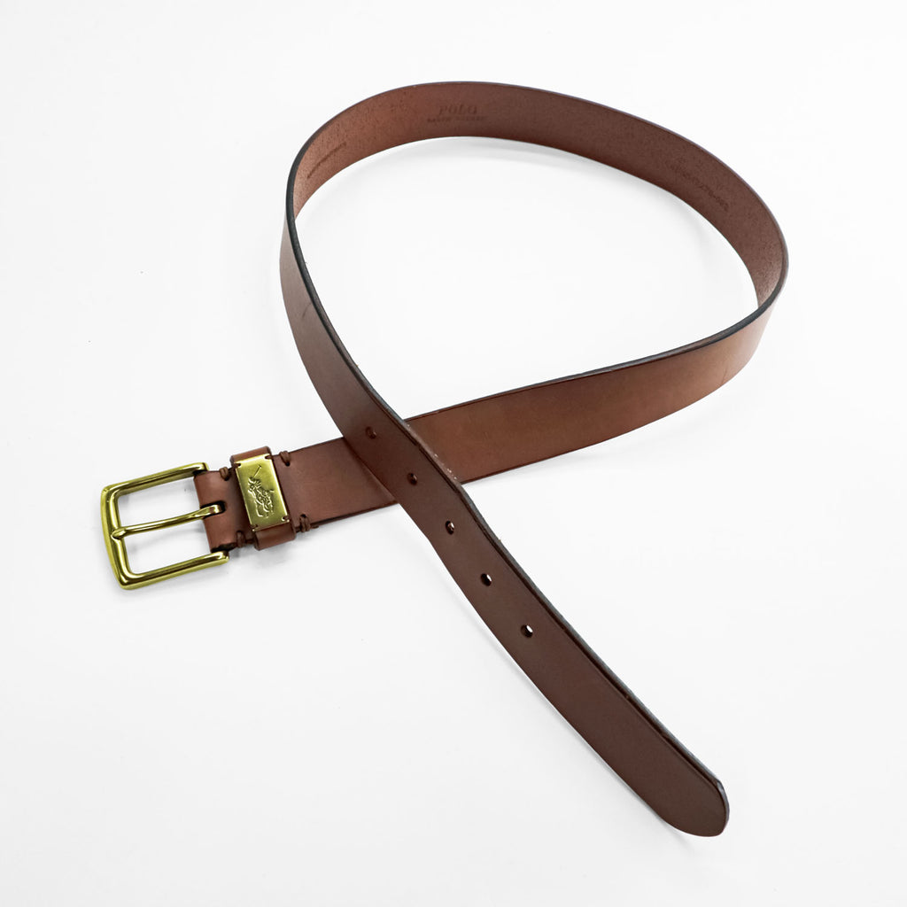 POLO RALPH LAUREN Pony Logo Plaque Brown Leather Belt Size 32/80 Made in Guatemala