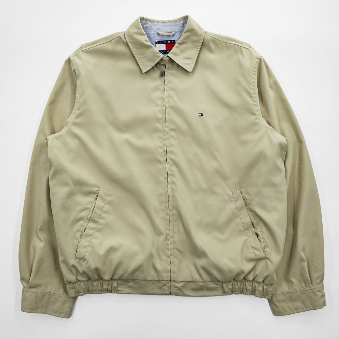 TOMMY HILFIGER Beige Harrington Zip Jacket Flag Logo Navy Lining