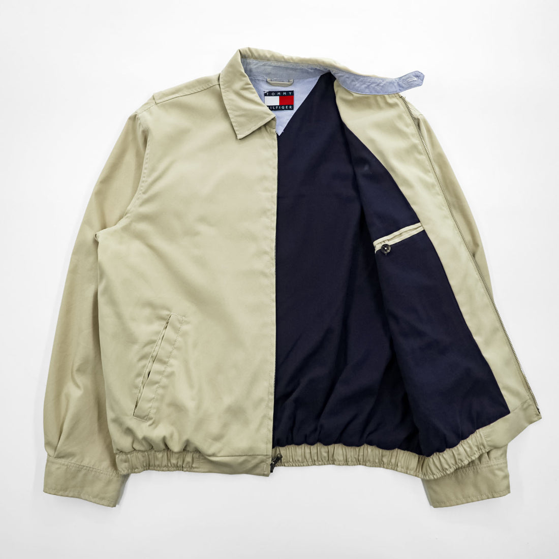 TOMMY HILFIGER Beige Harrington Zip Jacket Flag Logo Navy Lining